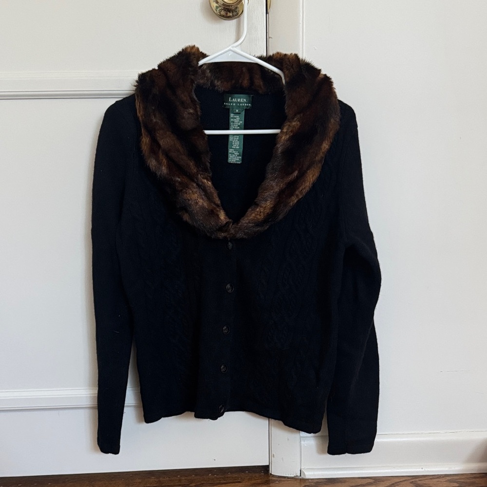 Vintage Ralph Lauren Black Cardigan with Brown Faux Fur Collar SZ M
